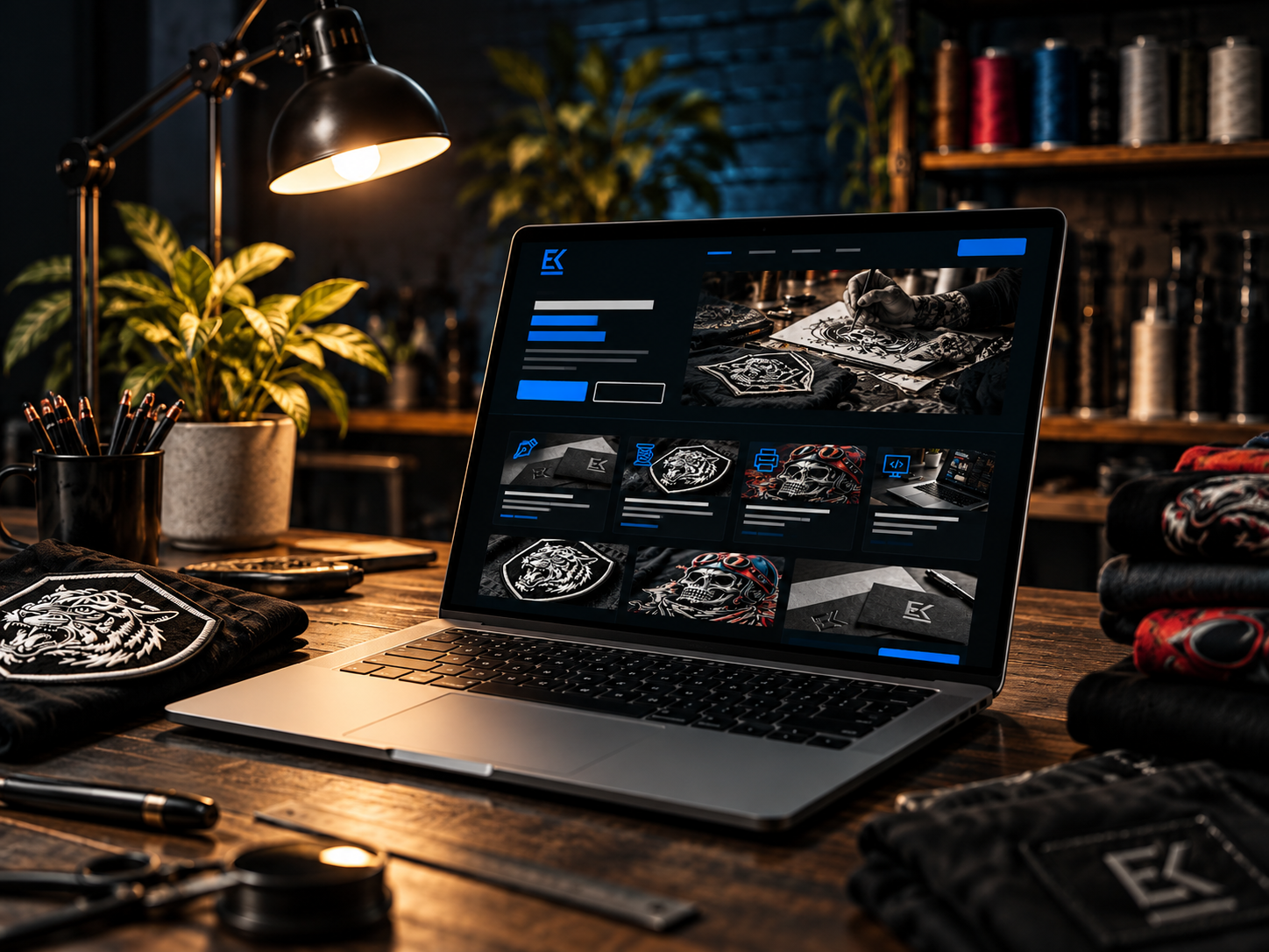 Laptop mit Webdesign-Entwurf auf einem beleuchteten Werkstatttisch