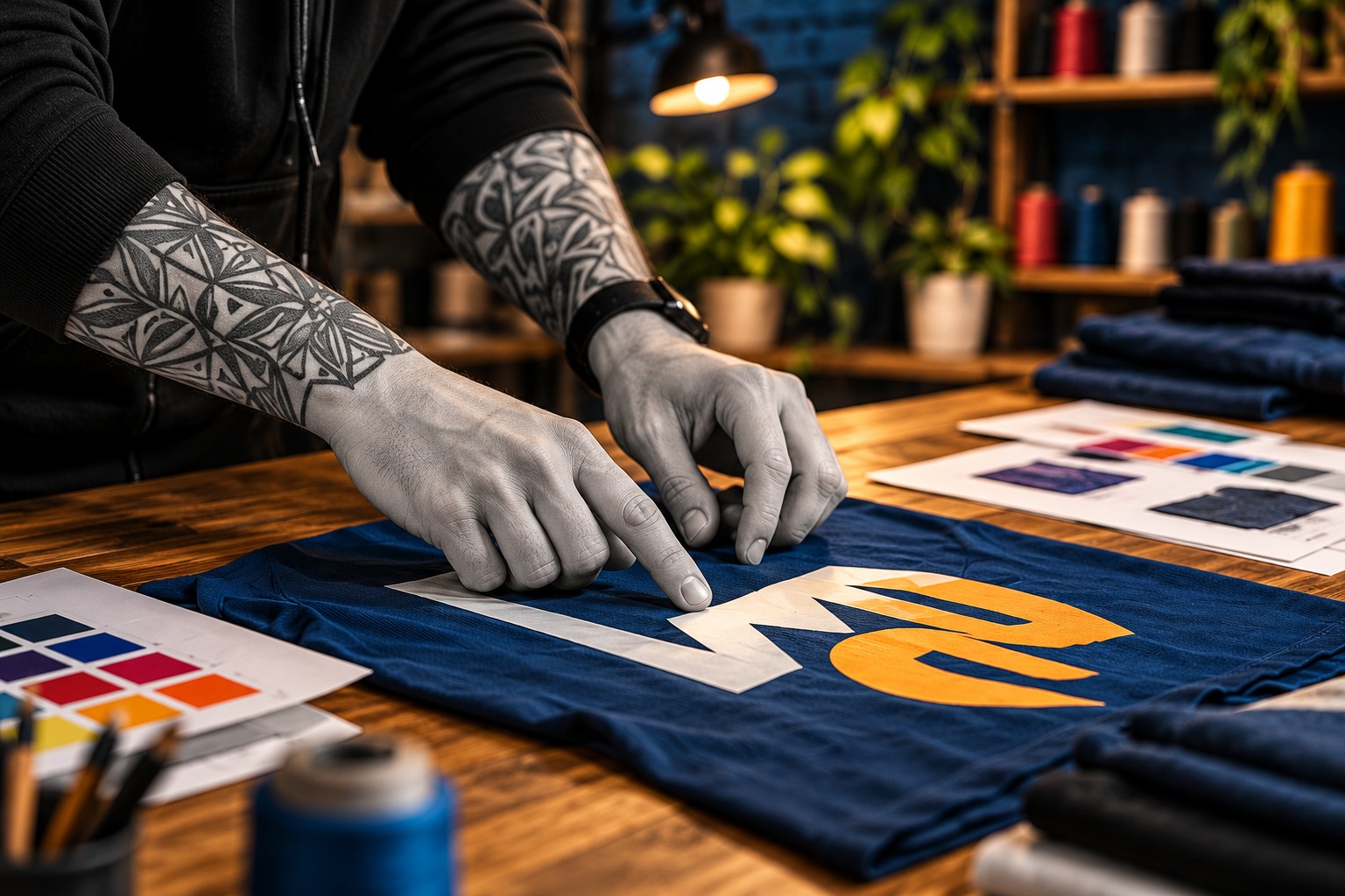 Schwarz-weiße Hände mit Tätowierungen zeigen ein Transfermotiv auf einem blauen T-Shirt am Holztisch.